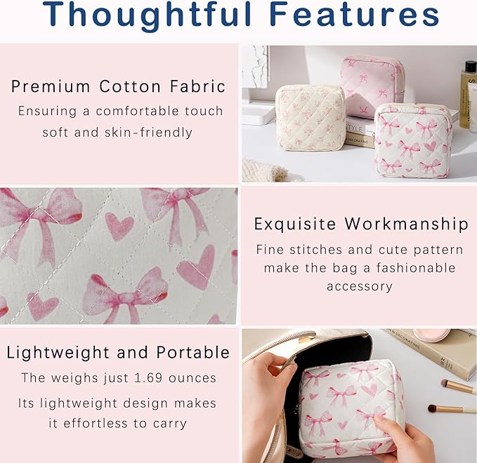 Small Quilted Cosmetic Pouch for Purse, Mini Cotton Makeup Bag with Compartments, Cute Zipper Lipstick Holder for Women (02Heart Bow)