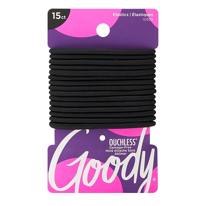 Goody Ouchless Hair Elastics – No Pull, No Breakage, Tangle-Free Hold for Thick, Curly, Coily & Textured Hair – 15 Count, Black, Long-Lasting Ponytail Holders for Women & Men