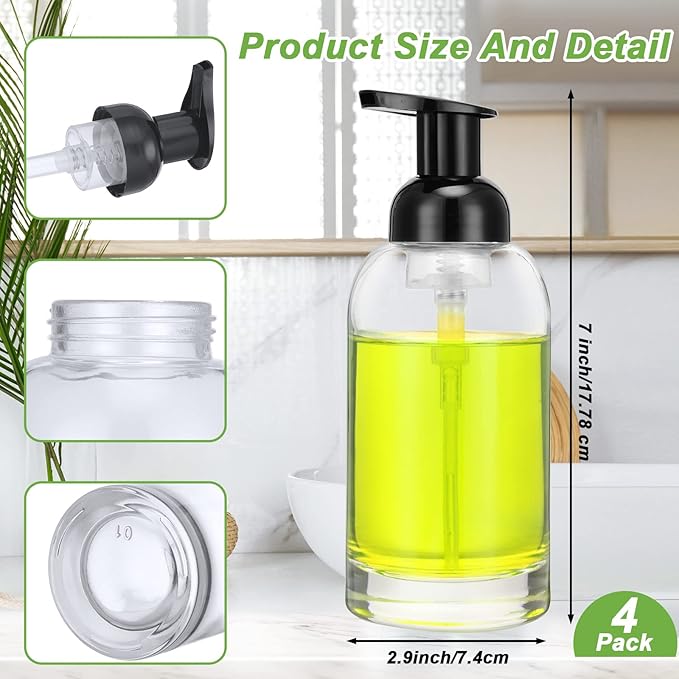 Eccliy 4 Pack 13 Oz Clear Glass Jar Soap Dispenser with Foaming Pump, Clear Thick Hand Liquid Dish Soap Dispenser Round Bottles for Bath Home Kitchen Oil Lotion