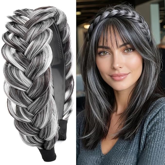 DIGUAN Wide Messy Braided Headband With Teeth Synthetic Hair Plaited Headband High Elasticity Braids Chunky Fishtail Braided Hair Band Hairpiece for Girls Women Beauty Accessory (Dark Gray)