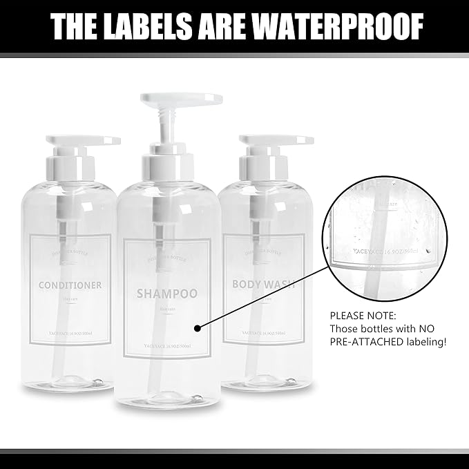3pcs Refillable Shower Dispensers - Clear Shampoo & Soap Bottles with Pumps, 16.9oz