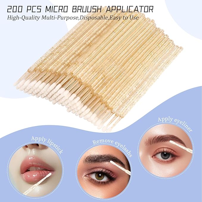 300 PCS Eyelash Extension Supplies Kit, Disposable Micro Applicator Brush, Eyebrow Lash Spoolie, Lip Brush, Mascara Wand Applicator (Crystal gold handle white kits)