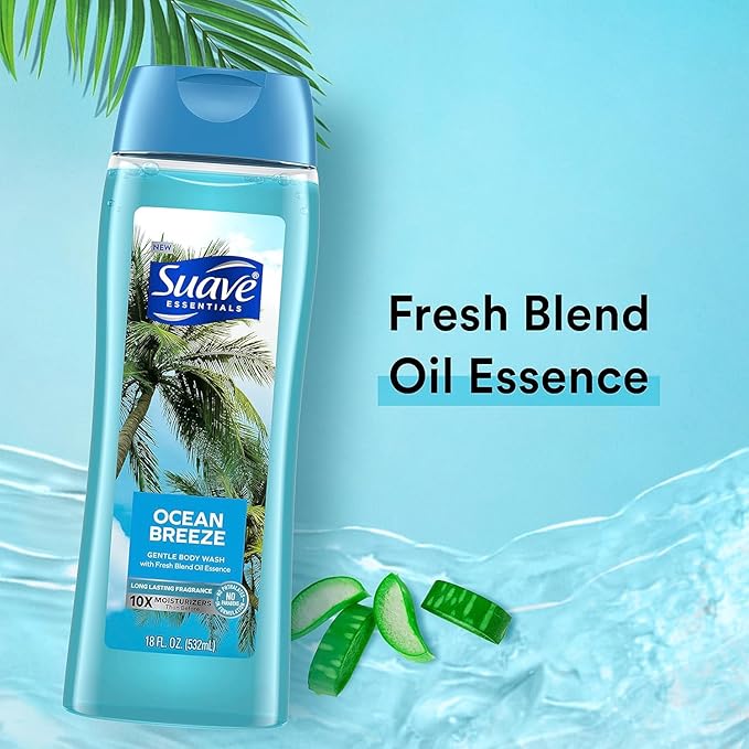 Suave Moisturizing Body Wash, with Ocean Breeze Scent and Vitamin E Extract, No Parabens, No Phtahaltes, 18 Oz, (Pack of 12)