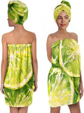 Women’s Citrus Bath Skirt and Hair Towel Wrap Set, Lightweight Absorbent Quick-Dry Shower Body Wrap with Elastic Closure, Soft Microfiber Spa Toweling Outfit for Bathroom, Gym & Travel (Citrus 4)
