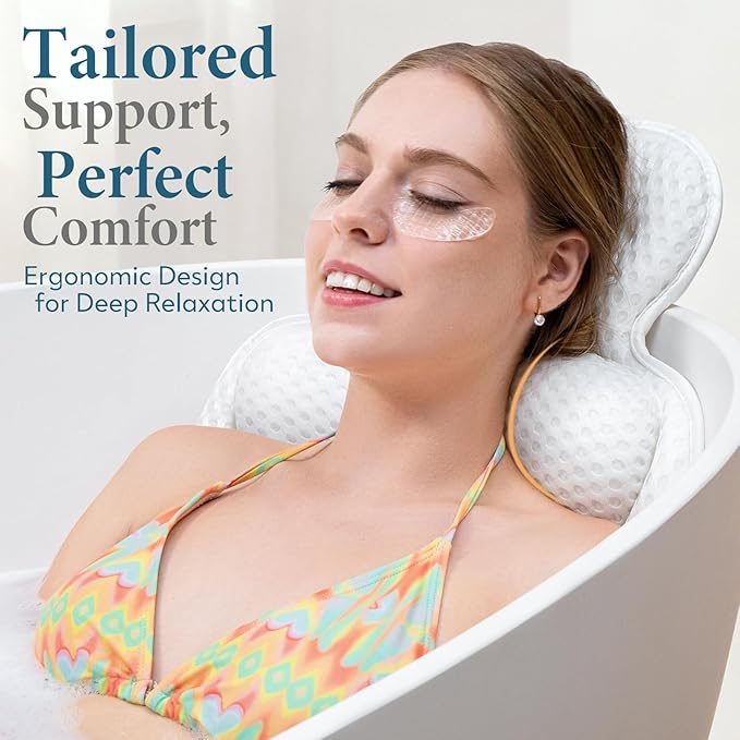 Bath Pillows for Tub, Comfortable Bathtub Cushion for Head and Neck with Soft 3D Mesh Fabric and 54 Non-Slip Suction Cups, Relaxing Tub and Shower Accessories Spa Gift White Extra Thick