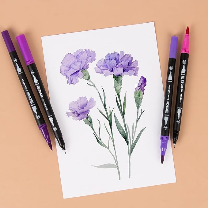 Purple Duo Tip Marker Pens, 12 Pack Fine & Brush Markers for Adult Coloring Books No Bleeding, Royal Purple Markers for Fantasy Art, Mystical Patterns, Creative Shadows and Luxury Themes
