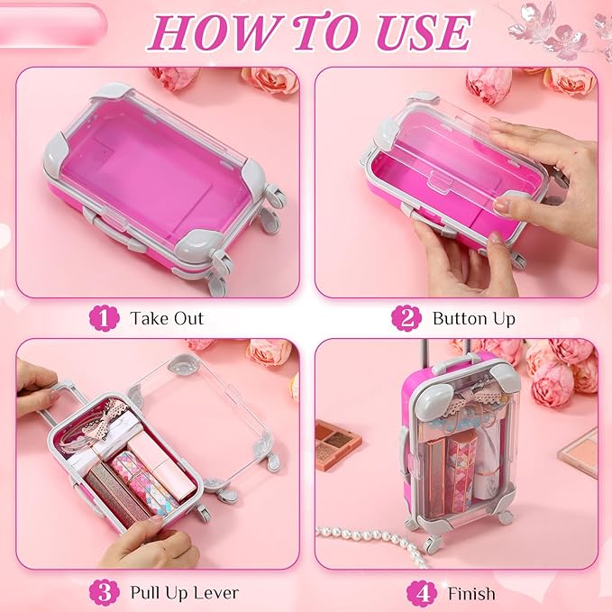 Honeydak 3 Pcs Mini Plastic Suitcase False Eyelashes Tray Luggage Trolley Candy Box Clear Suitcase Packaging Case Party Favor Box for Jewelry Cosmetic Hairpins Storage(Romantic,4.7 x 2.8 x 1.3 Inch)