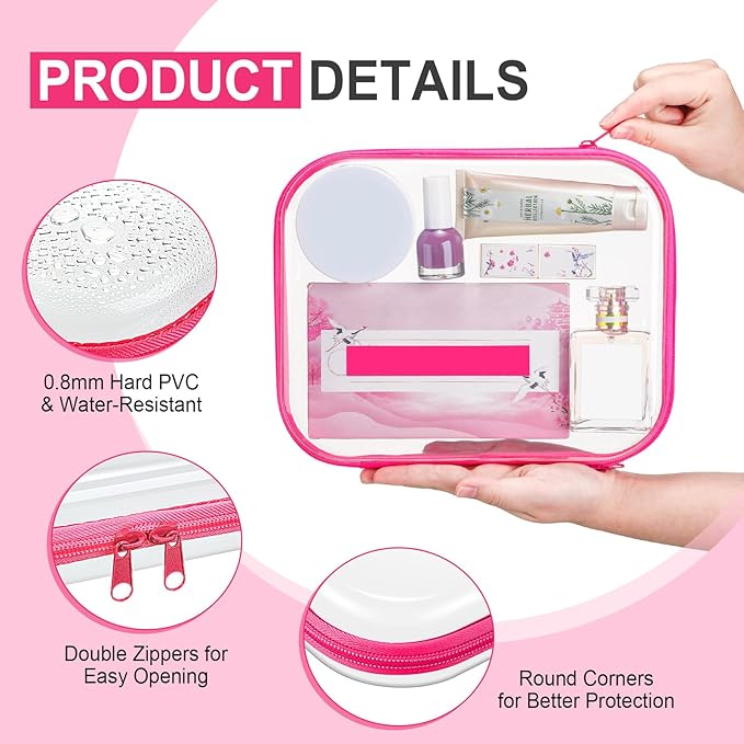 Hoolerry 4 Pcs Hard Clear Zipper Case Makeup Bags Plastic Zipper Pouch Transparent Storage Box Containers for Cosmetics, Snacks, Building Blocks, Puzzles(Clear,9.8 x 7.9 x 2 in,Fluorescent)