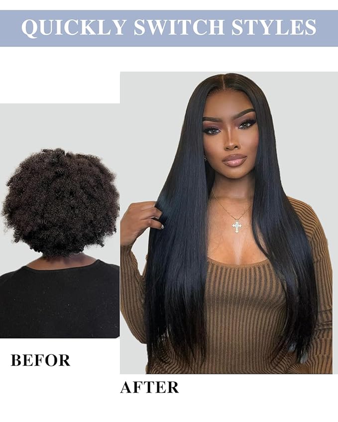 220% Density V Part Wigs Human Hair with Drawstring Yaki Straight Upgrade U Part Human Hair Wigs for Women Glueless Clip in Half Wigs Magic Leave out 260g 16inch #1B Natural Black