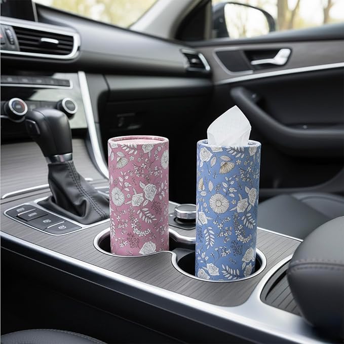 Car Tissues Cylinder, 4-Pack, 50 Tissues per Canister, 3-Ply (200 Total), Facial Tissues for Car Cup Holder, Round Tissue Box Holder, Wildrose & Dandelion Whispers