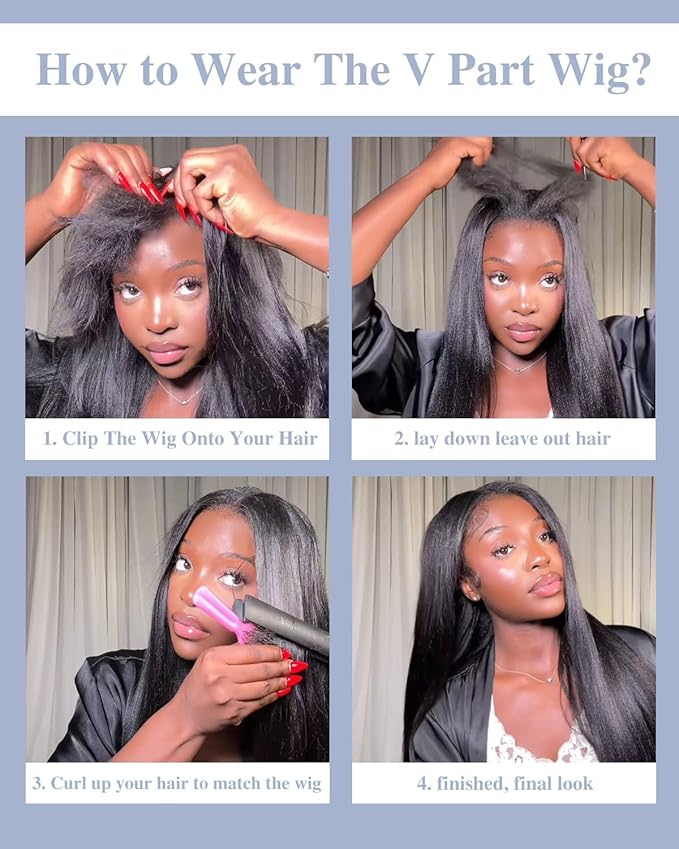 200% Density V Part Wigs Human Hair with Drawstring Yaki Straight Upgrade U Part Human Hair Wigs for Women Glueless Clip in Half Wigs Human Hair Magic Leave out 280g 24inch #1B Natural Black