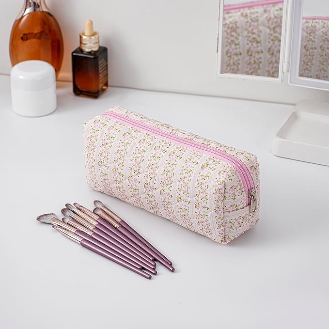 Cute Floral Makeup Brush Bag Small Cotton Quilted Cosmetic Bag for Women Travel Toiletry Zipper Make Up Pouch (Two Pack: (Blue + Pink Floral)