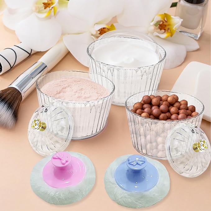 3 Pcs Body Powder Puff and Container, 3.15 inch Large Soft Face Body Powder Puff Dish Fluffy for Women