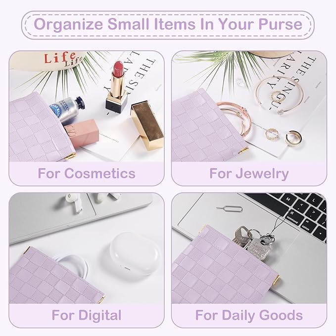Sightor 2PCS Small Makeup Bag for Purse, Mini Cosmetic Bag Waterproof Pouch for Women, Checkered Purse Self-closing Coin Lipstick Small Leather Cosmetic Pouch (Pink, Purple)