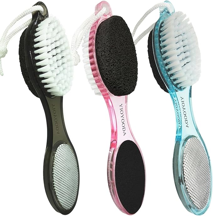Foot File Callus Remover 4-in-1, 3 Pcs Feet Scraper Pedicure Tools with Pumice Stone, Scrubber Brush, Foot Rasp and Sand Paper, Double Sided Multi Purpose, Clear Pink, Blue, Black
