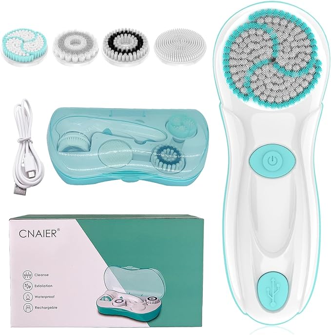 Facial Cleansing Brush, Electric Face Scrubber with 4 Cleanser Heads and 2 Speeds Adjustable for Deep Cleaning, Portable Rechargeable and Waterproof Face Wash Brush for Women & Men (Green)
