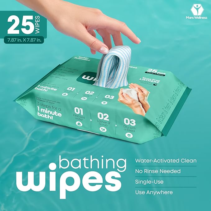No Rinse Bathing Wipes - Just Add Water - 25 Pack - Disposable Rinse Free Bath Sponges For Adults - Original Latherz - Soap Infused Dry Shower Body Wipes - Pack of 25 Cloths