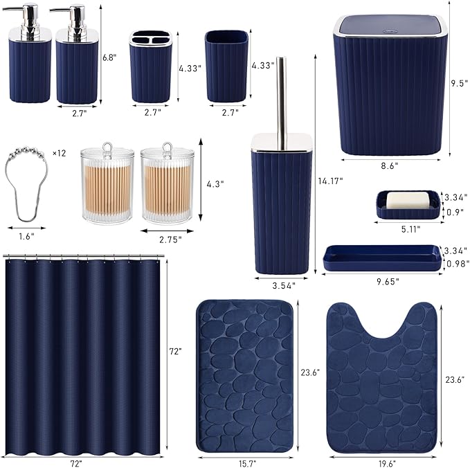 Bathroom Set with Shower Curtain and Rugs- 25PC Bathroom Accessory Set, Navy Blue Shower Curtain Set, Toilet Brush, Trash Can, Qtip Holder & Soap Dispenser