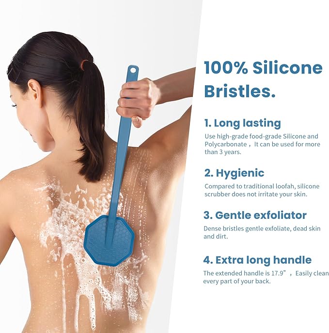 iTokGoK® All New Premium Silver-Infused Silicone Back Scrubber with Long Handle Back Brush for Shower,Back Brush Long Handle for Men and Women,Ergonomic No-Slip Handle, Long-Lasting (Blue)