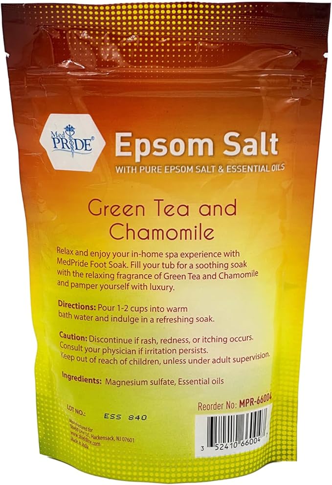 MED PRIDE Epsom Bath Salts 19.2oz, with Green Tea & Chamomile - Relaxing Foot Bath Salts for Soothing, Muscle Recovery & Relaxation - Soaking Salts