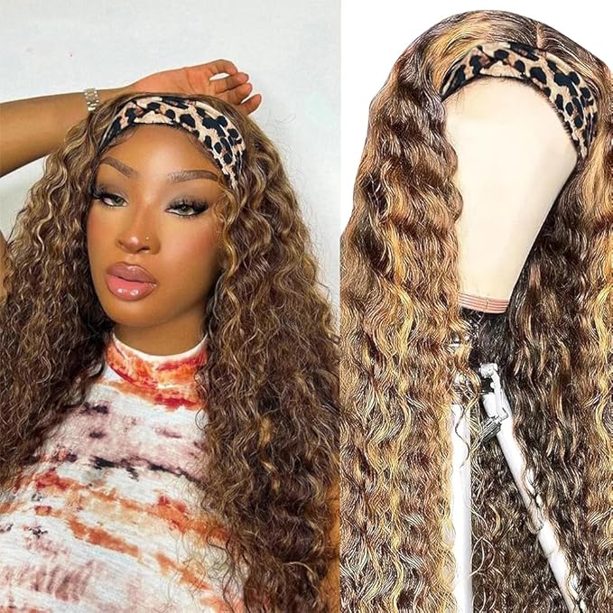 XSY Headband Wig Human Hair 4/27 Highglight Headband Wig Deep Wave Headband Wig Honey Blonde Colored Curly Wig 22 Inch