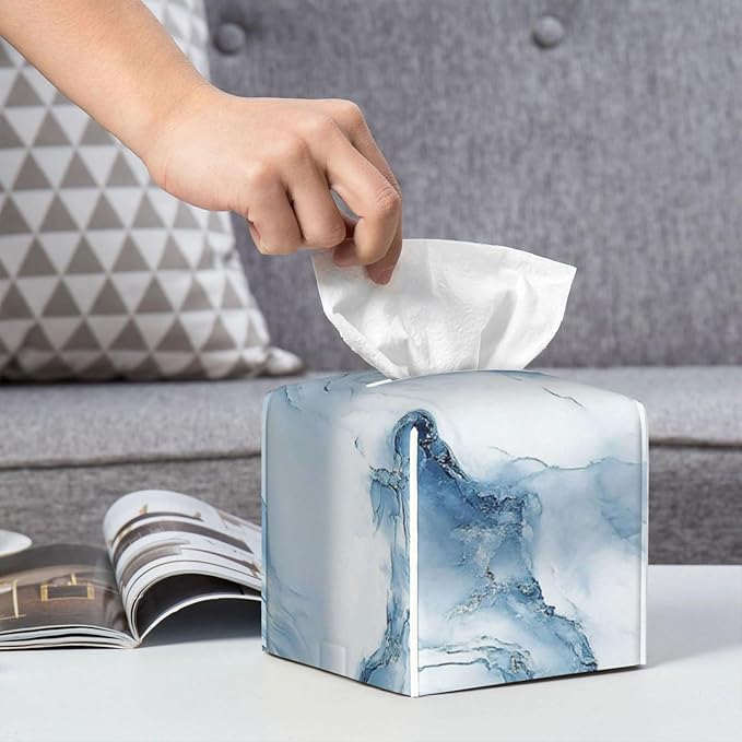 Blue Marble Tissue Box Cover Modern Square Leather Tissue Holder Decorative Facial Tissue Cube Paper Cover Case Organizer for Bathroom Night Stands Desk Tabletop Living Room Home