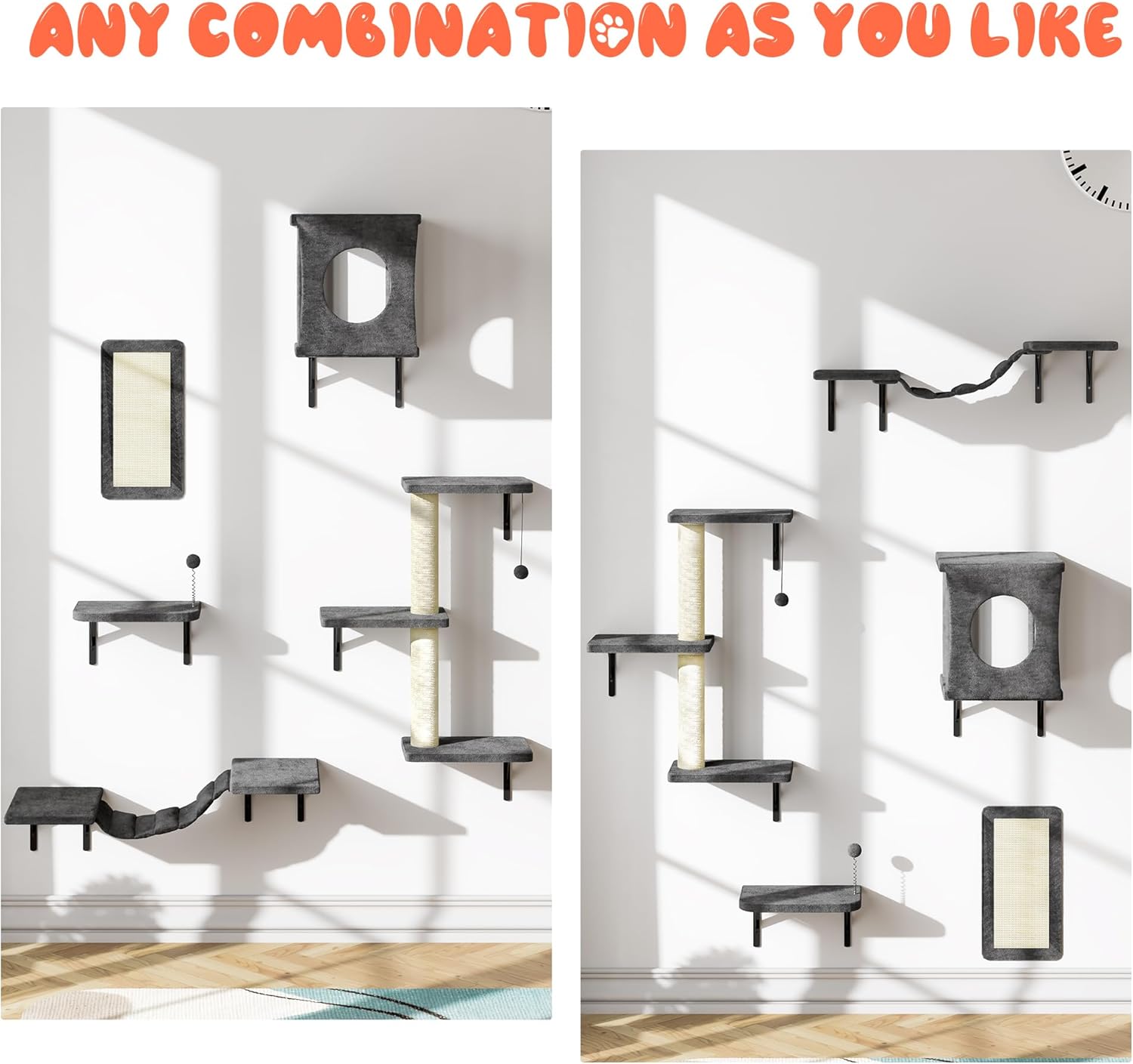 NUNU LAB Cat Wall Shelves Set, 5 Pcs Wall-Mounted Cat Climber with Cat House, Bridge, Scratching Post, Hammock, Wall Shelves, Gray