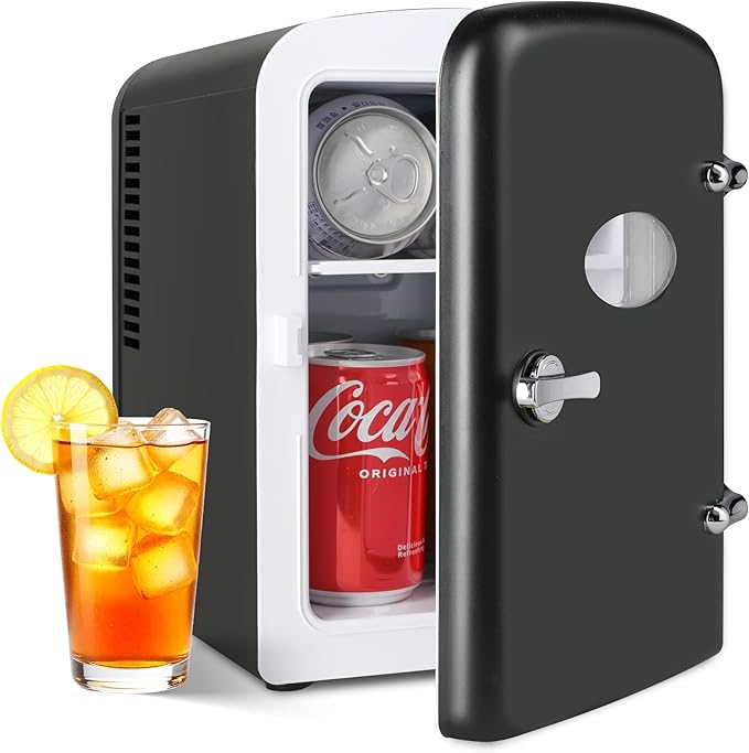 YSSOA 4L/6 Can Portable Mini Fridge with Observation Window, Compact Cooler & Warmer Freon-Free Small Refrigerator, for Skincare, Beverage, Food, Cosmetics, Black
