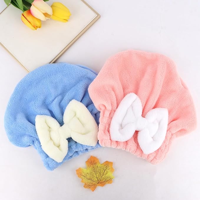 2PCS Microfiber Hair Drying Caps Hair Towel Cap Extra Soft and Ultra Absorbent Fast-Drying Hair Turban Wraps Gift for Women and Girls(Pink and Blue)