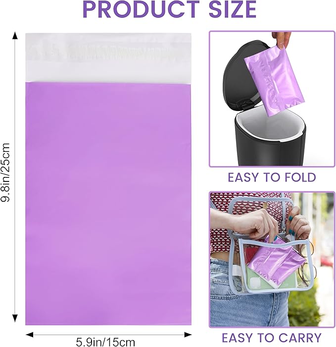 Disposable Sanitary Bags, 100 Pcs, Purple, Self-sealing, Odor-proof, Rectangular, Plastic, 10" x 6" Bags for Feminine Hygiene, Personal Waste, or Pet Waste