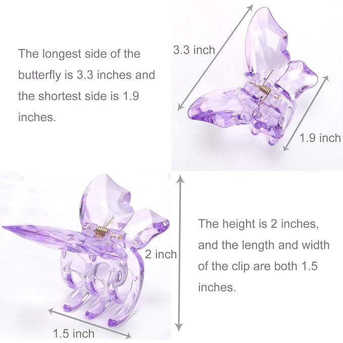 NAISIER Hair Claw Clips Jaw Clips 3.3 inch Girls Clear Butterfly Hair Clips, Beautiful Butterfly Hair Clips Hair Accessories for Girls and Women.(Large sized,5 pack)