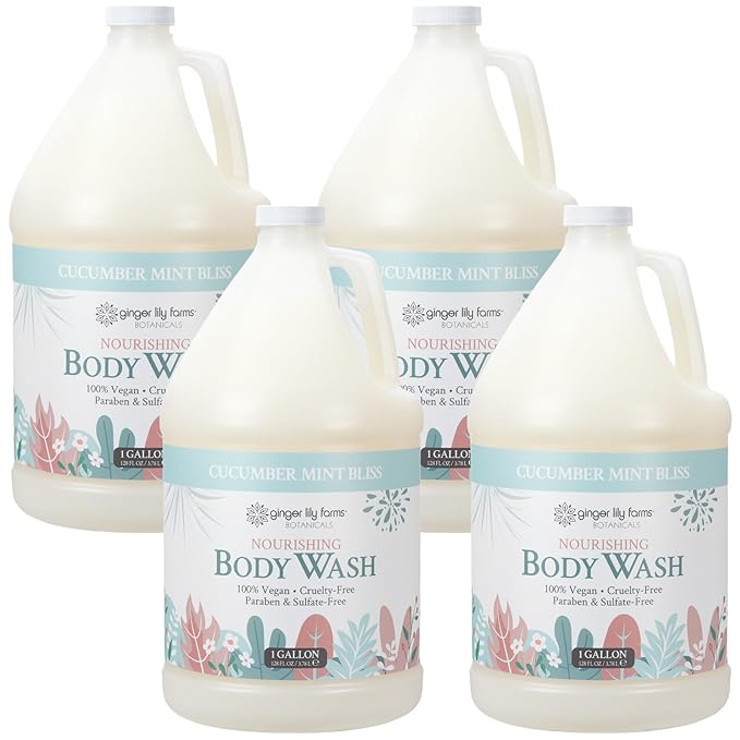 Ginger Lily Farms Botanicals Nourishing Body Wash, 100% Vegan & Cruelty-Free, Cucumber Mint Bliss Scent, 1 Gallon (Pack of 4)