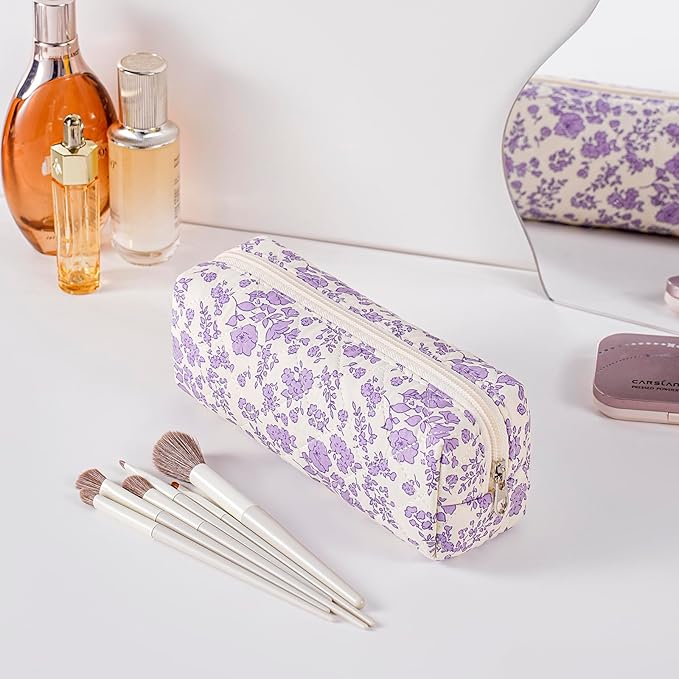 Cute Floral Makeup Brush Bag Small Cotton Quilted Cosmetic Bag for Women Travel Toiletry Zipper Make Up Pouch (Light Purple Floral)