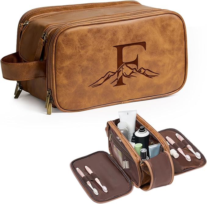 Janhavi Large Mens Travel Bag Toiletry, Gifts for Him, Personalized Engraved Initials & Mountain,Waterproof Toiletry Bag For Shower Caddy, Makeup Organizer Travel Bag, Men's Accessories Case(Brown F)