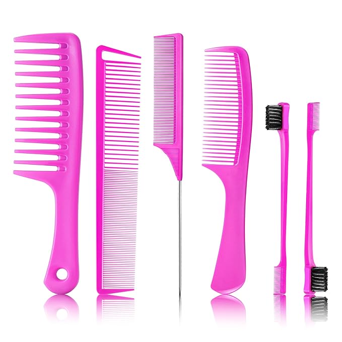 SALONSILK 6PCS Professional Comb Set, Edge Brush Wide Tooth Rat Tail Fine Tooth Hair Combs for Women&Men, Braiding Cutting Barber Styling Curly Parting Set for Curls, Natural Black Hair