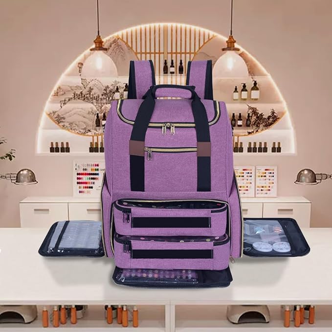 Nail Polish Organizer Backpack Holds 80 Bottles and a Nail Lamp Supplies with 2 Removable Cases Storage Bag Professional Travel Case for Manicurist (Purple)