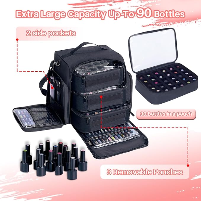 Nail Polish Organizer Storage Box, Holds 90 Bottles of Nail Polish, Portable Travel Case with 3 Separate Storage Bags, Can Be Used for Nail Art Supplies, Manicurists, etc Black