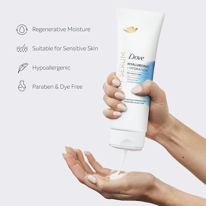 Dove Cream Serum Hyaluronic + Hydration for Extra Dry, Flaky Skin, with Pro-Ceramides, Niacinamide and Collagen Peptides Lotion, 8 oz,(Pack of 2)