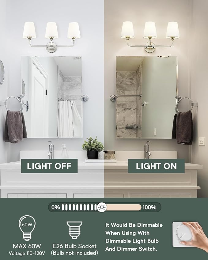 Bathroom Light Fixtures, Brushed Nickel Vanity Lights with Flared White Fabric Shade, 3 Light Wall Sconce, Modern Sconces Wall Lighting for Hallway Bedroom, VL837-BN-3