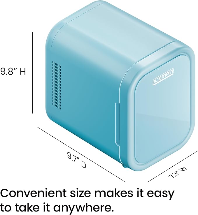 Iceman Portable Mini Fridge – Fits 6 x 12 oz Cans, Cooler and Heater Mini Fridge for Bedroom, Car, Office, Dorm and Skincare, AC/DC Car Plug-Compatible - Blue