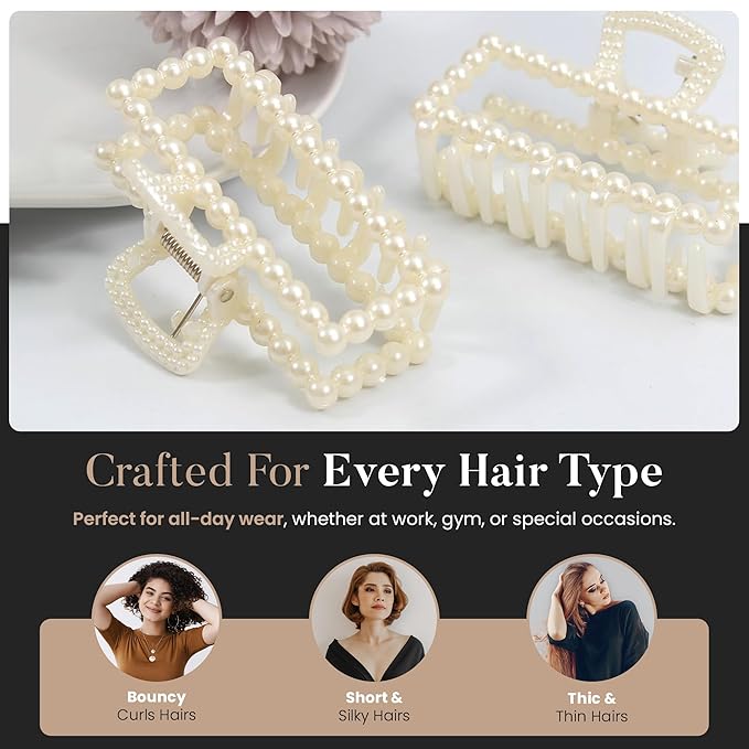 5 PCS Simulated Pearl Hair Claw Clips for Women | Multi-Use Barrettes for Thin Hair with Non-Slip Strong Hold | Barrettes for Thick & Curly Hair Accessories | Flat Claw Clips for Women, Off-White