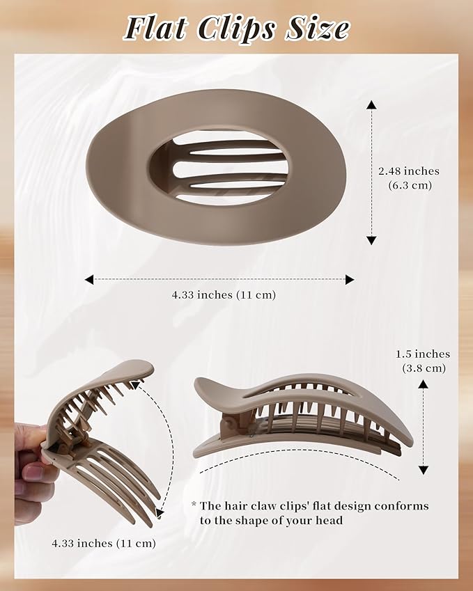 Mesovor 6 Pack Flat Hair Claw Clips, 4.33" Nonslip Large Round Lay Flat Hair Clips | Strong Hold French Flat Hairclips for Lying Down, Yoga, Driving (Brown Matte)