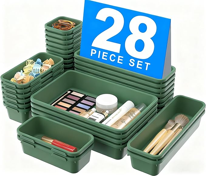 【𝟮𝟴𝗣𝗖𝗦】 【𝟱𝗦𝗶𝘇𝗲】 ArmyGreen Drawer Organizer, Makeup organizer, 【Holds 177 Items】 Bathroom Organizers and Storage, Plastic Desk Organizer Divider, Organizer Bins for Office Vanity A-LUGEI