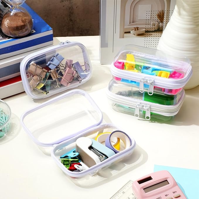 Hoolerry 4 Pcs Hard Clear Zipper Case Makeup Bags Plastic Zipper Pouch Transparent Storage Box Containers for Cosmetics, Snacks, Building Blocks, Puzzles(Clear,5 x 3 x 2 in,White)