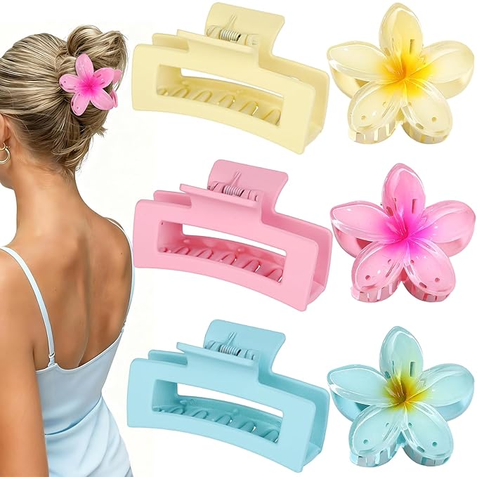 Flower Hair Clips for Women Square Claw Clips for Girls 2 Styles Hair Claw Clips for Thick or Thin Hair 6 PCS Hawaiian Hibiscus Rectangle Large Plumeria Medium Hair Accessories for Women (Pink)