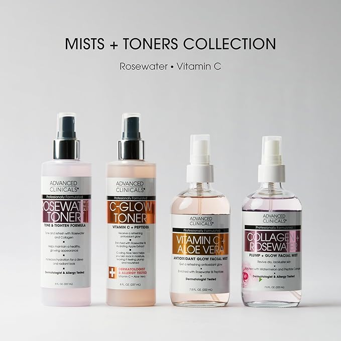 Advanced Clinicals Vitamin C Glow Facial Mist Toner for Face W/Rosewater, Ferulic Acid, & Peptides. Vitamin C Antioxidant Moisturizer Face Mist Provides Instant Skin Hydration, Non-Greasy, 8 Fl Oz