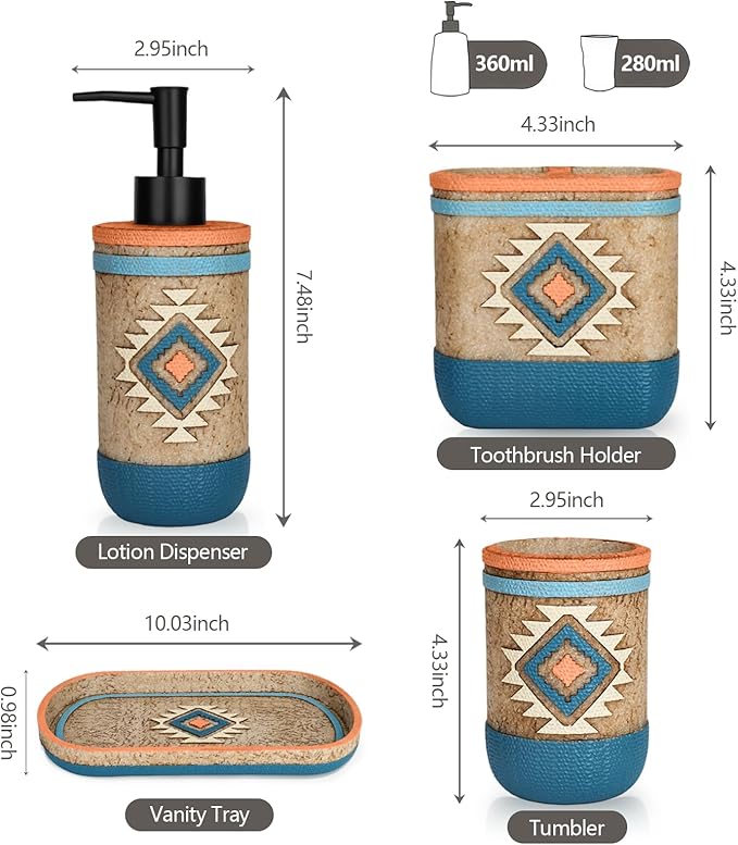 Bathroom Accessory Sets 4PCs Bathroom Set Complete Tribal Home Decor Southwest Pattern Shape Includes Lotion Dispenser Toothbrush Holder Tumbler Cup & Vanity Tray