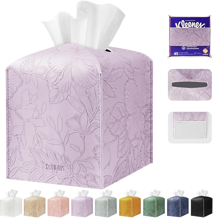 Tissue Box Holder Cover Square Tissue Cube Cover PU Leather Tissue Organizer with Bottom Belt for Bathroom, Tabletop, Kitchen, Night Stands, Office, Home, Car (1, Lightpurple)