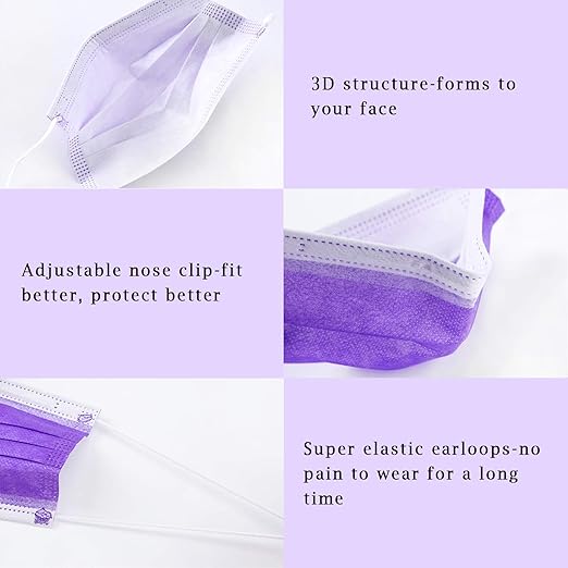 Borje Purple Disposable Face Mask 100 Pcs Purple Face Masks 3 Ply Protection Masks