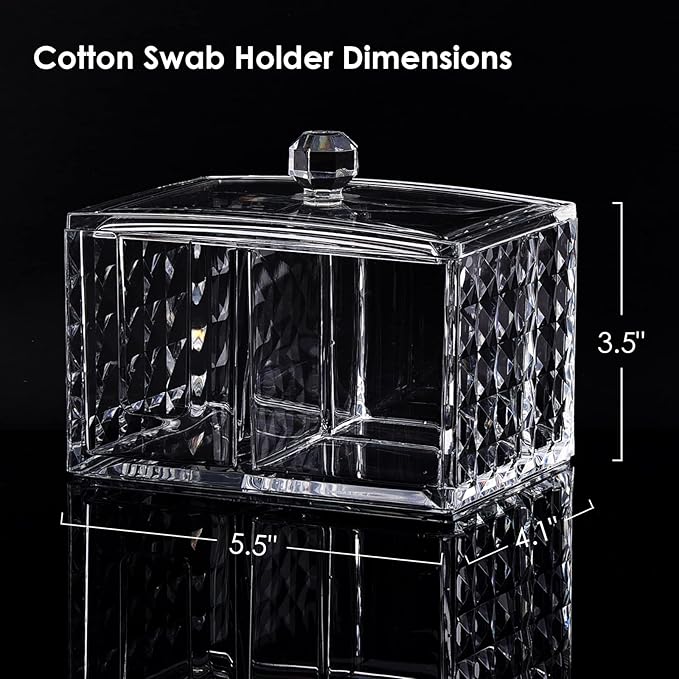 Cotton Swab Holder - Compact Bathroom Canister with Lid and 3 Compartments for Organizing Cotton Ball, Swab, Pad - Acrylic Bathroom Jar Compatible with Q Tips Cotton Swab